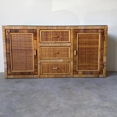 Vintage Coastal Woven Rattan Wrapped Cabinet with Wood Trim & Glass 