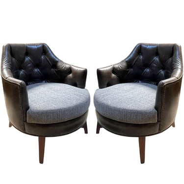 Pair of Mid-Century American Club Chairs with Tufted Leather and Fabric. 1950's