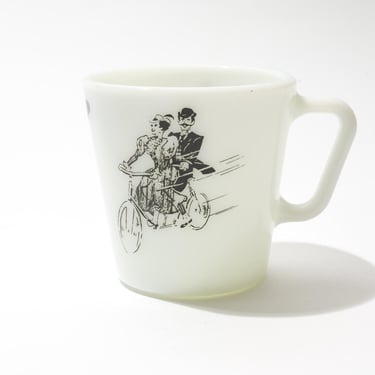 Pyrex Coffee Diagonal Handle Mug with Glass Blower, Penny-Farthing Bicycle, and Tandem Bicycle, c. 1970s 