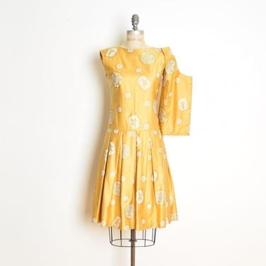 vintage 60s dress purse set yellow Asian tiki print mod pleated cotton bag S 