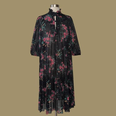 Vintage Black Floral Dress, Flexible on Sizing 