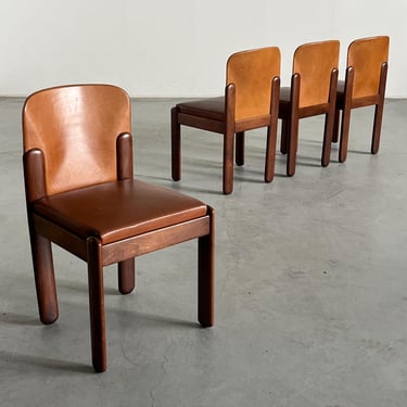 Set of 4 Vintage ‘Model 330’ Dining Chairs by Silvio Coppola for Bernini in Brown Cognac Leather and Walnut, Mid-Century Modern, Italy 1960s 