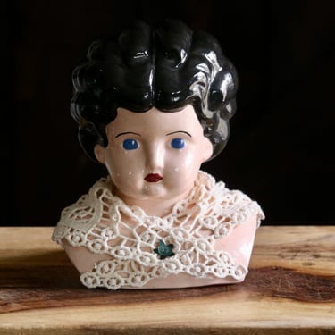 Large Vintage Doll Head, Victorian Dresser Decor, Sweet Porcelain Girl Bust with Lacy Collar & Blue Eyes, Collector Gift, Grannycore Kitsch 