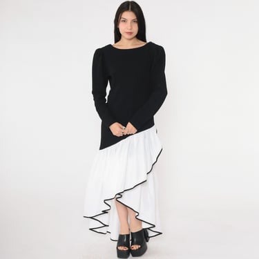 Vintage Black White Ruffle Hem Dress 80s Asymmetrical Maxi Long Sleeve Puff Sleeve 1980s Contrast Trim Drop Waist Low V Back Medium 8 