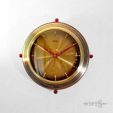 Atlanta Brass Wall Clock 1970s Vintage Luxury Gold Flakes Four Rubies Rare Collectors Item 