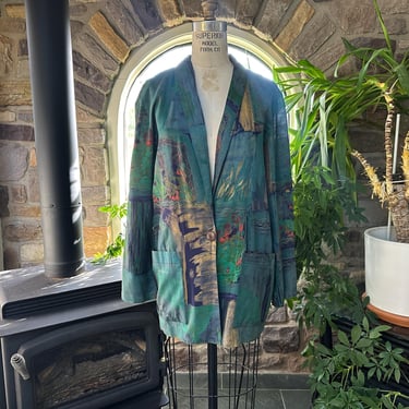 Vintage 1980s Abstract Teal and Gold Rayon Oversized Boyfriend Blazer Kensington Square 