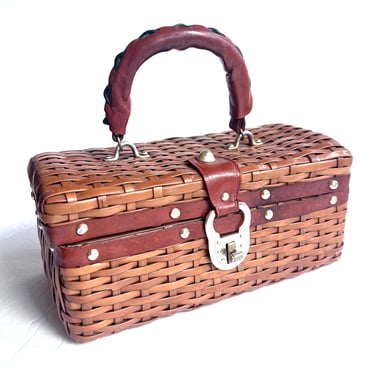 Vintage Coated Wicker Handbag with Brown Leather Handles, Box Bag, Summer Purse, Tiki Oasis Bag, Rockabilly Style Summer Handbag 