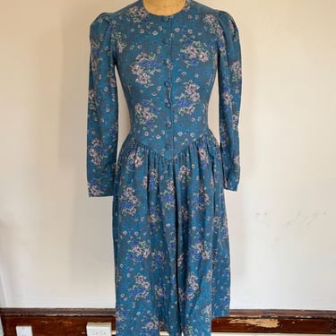 Laura Ashley Blue Floral Print Dress - 1980s 