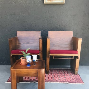 Art Deco Oak Sanctuary Chairs With Maroon Tweed Cushions