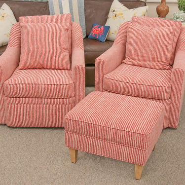 Pair of Swivel Chairs in Red & White Vine Upholstery