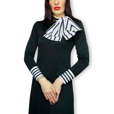 Vintage JOSEPH MAGNIN 1970's Black & White Striped Bow Trim Long Black Slinky Nylon Maxi Dress - size Small or XS 