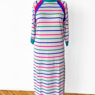 1980s White + Colorful Striped Maxi Dress sz. L-XL