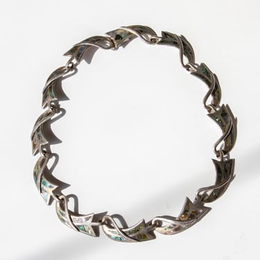 Vintage Beto Taxco Necklace Modernist Sterling Silver Links Mexican Abalone 
