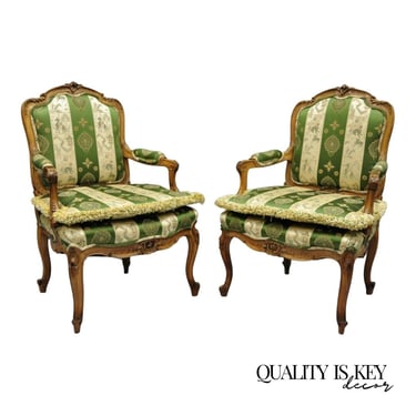 Antique French Louis XV Style Green & Gold Walnut Fauteuil Arm Chairs - a Pair