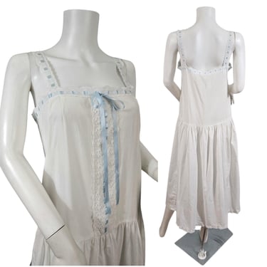 1980s White Cotton Blend Eyelet Trim Chemise Slip Dress I Sz Lrg I Drop Waist I 80s does 20s 