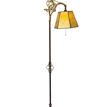Antique Brass and Cast Iron Floor Lamp with Cast Brass Top and New Golden Mica Shade Beautiful Gold Colored Castings #2637 