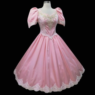 Vintage 80s Baby Light Pink White Lace Pearl Beads Puff Sleeves Full Skirt Prom Party Dress XS Extra Small Taffeta Eighties 1980s Costume 