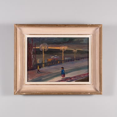 Vintage Mid Century Cityscape Oil Painting – Atmospheric Evening Street Scene with Figures 