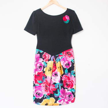 Miss Magnin at I. Magnin | Vintage 80s Multicolor Floral Bubble Dress | Size 10, 80s Does 50s, Pink / Flower Brooch, Colorful, Spring, 