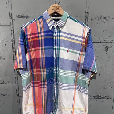 Vintage 90’s Polo by Ralph Lauren Yacht Club Multi Colored Plaid Easter Spring Essential Button Up Short Sleeve Dress Shirt Made in USA XL 
