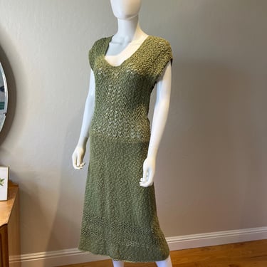 Spinning Your Way Into Hearts - Vintage 1950s Muted Avocado Olive Green Boucle Knit Dress - M 