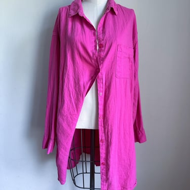 Vintage 1980s Bright Pink Linen Shirt Dress / Tunic // 1XL-2XL or OS 