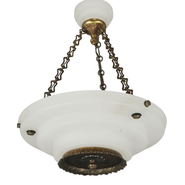 Restored French Art Deco White Alabaster Dish Pendant Light