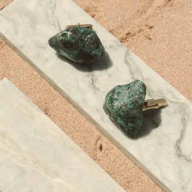 Vintage Large Tumbled Malachite Stone Cufflinks | Gold Tone Hardware | Statement Men's Jewelry | Gemstone Cufflinks | MCM Modernist 