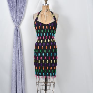 Vintage 1980s Dress / 80s Rainbow Fringe Mini Dress / Black Multi ( XS S ) 