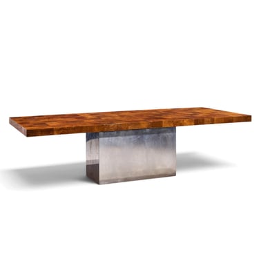 Milo Baughman for Thayer Coggin Mid Century Burlwood and Chrome Dining Table - 2 Leaves 