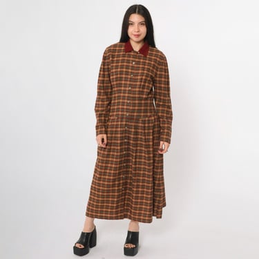 Vintage Plaid Shirt Dress 80s Button Up Midi Mustard Yellow Red Green Checkered Shirtdress Drop Waist Long Sleeve 1980s Oversized Small 4 