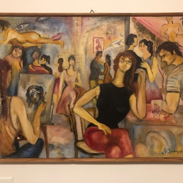 Unusual Funky & Fun Original Mid Century Modern Signed 1956 Oil on Canvas Painting 