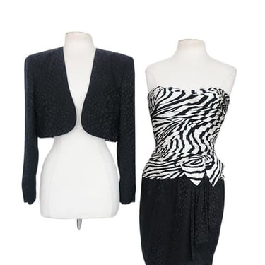 Vintage 1980s AJ Bari Strapless Dress + Bolero Jacket Suit Set Zebra Print Black White Silk / M 