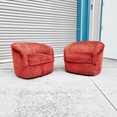 1960s Mid Century Swivel Barrel Chairs Styled After Milo Baughman- Set of 2 
