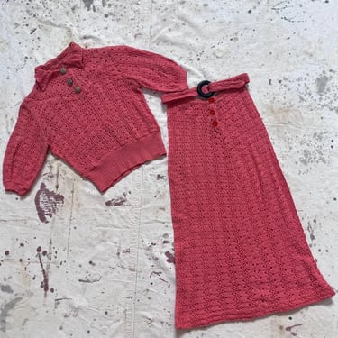 XS S 1930s Salmon Pink Cotton Crochet Set Skirt & Blouse 24" W with Belt Dress Set 30s 1940s 40s Knit 
