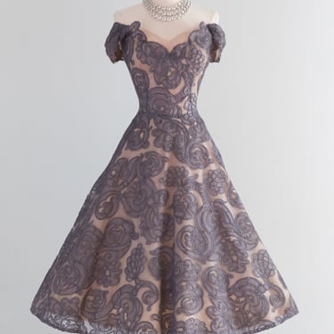 Exquisite 1950's Couture Cocktail Dress in Mauve Alencon Lace / S