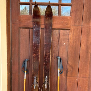 Antique Wooden Skis with Mid-Century Bindings & Bamboo Poles – Rustic Lodge Decor – Cabin Wall Display 