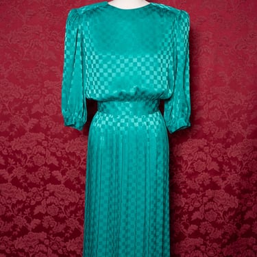 1980s Argenti Green Jacquard Jacquard Dress with Pleated Skirt and Balloon Sleeves 