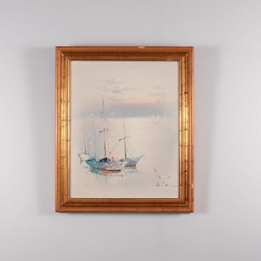 Vintage Seascape Oil Painting, Sailboats at Sea, Framed Original Art 