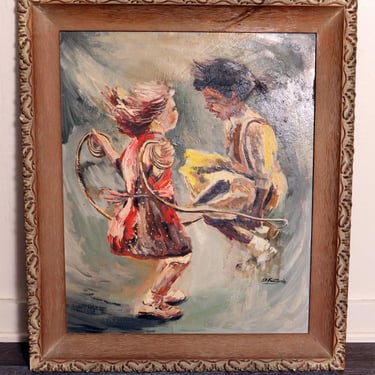 50's Signed Oil Painting Original Kids Jump Rope, Vintage Mid Century MCM, Fountaine' 