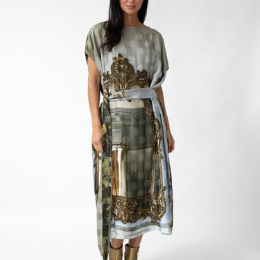 Mirror and Floral Print Oversized Tie Waist Tube Dress