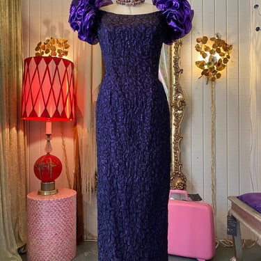 vintage 1980s purple metallic gown, statement dress, ruffled sleeves, 80s retro 