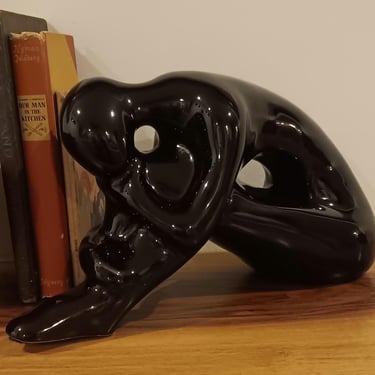 Vintage MCM Black Ceramic Pondering Woman Sculpture Abstract Seated Female Figurine 13 Inch Glossy Art Deco Style 