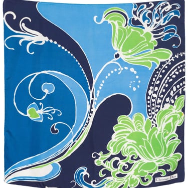 Christian Dior 1960s Abstract Floral Print Vintage Green & Blue Silk Twill Scarf 