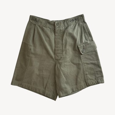 Vintage 1990s Herringbone Pleated Military Shorts Women's 25 / Men's 28 | Utility Extra Small / Small 