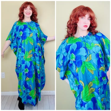 1970s Vintage Sun Fashions Neon Blue and Green Floral Pleated Maxi Caftan Dress / One Size 