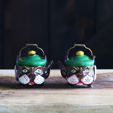 Vintage Redware Bulldog Salt & Pepper Shakers, Retro Kitchenalia, Kitschy Teapot Shaped Bull Dogs with Metal Handles, Host Gift, Grannycore 