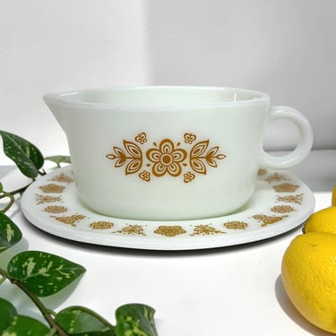 Vintage Pyrex Gravy Dish with Plate Retro 1970s Bohemian + Butterfly Gold Pattern + White Milk Glass + Kitchen Serving + Thanksgiving Decor 