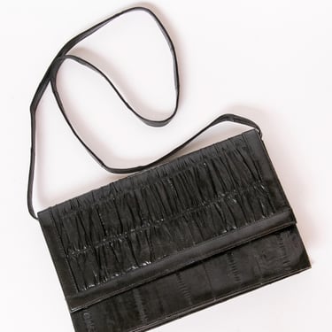1980s Eel Skin Purse Black Shoulder Bag Envelope Clutch 