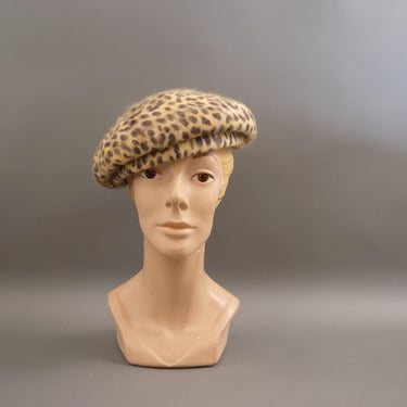 Vintage 60s Kangol Angora Leopard Beret Hat - Made in England - Animal Print Cap 